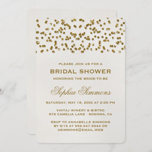 金ゴールドグラマーグリッター紙吹雪ブライダルシャワー 招待状 (正面/裏面)