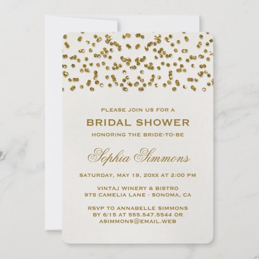 金ゴールドグラマーグリッター紙吹雪ブライダルシャワー 招待状 (正面)