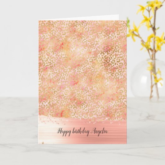 金ゴールドグラムガーリーピーチピンク赤面ヒョウ柄 カード (黄色い花)