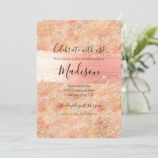 金ゴールドグラムガーリーピーチピンク赤面ヒョウ柄 招待状 (スタンド正面)