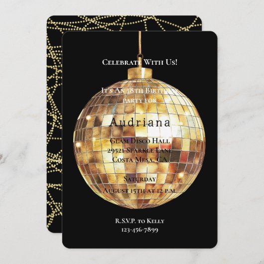 金ゴールドグラムグリジーディスコボール誕生日 招待状 (正面/裏面)