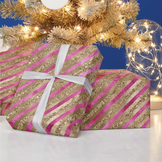 金ゴールドグラムグリッターガーリーピンクストライプ色 ラッピングペーパー (クリスマス)