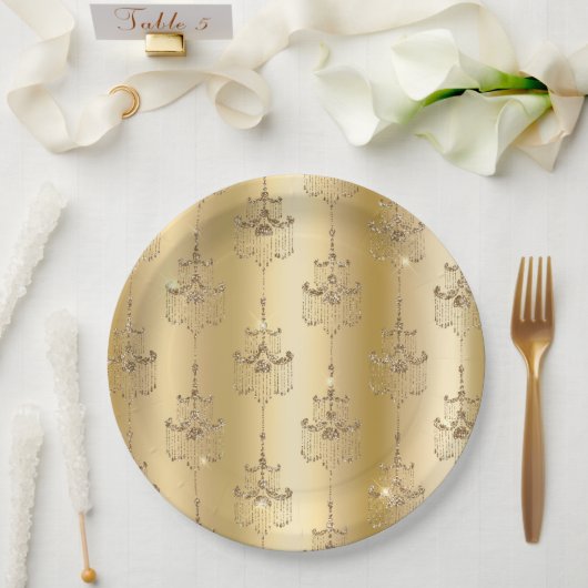 金ゴールドグラムグリッターシャンデリア ペーパープレート (ウェディング)