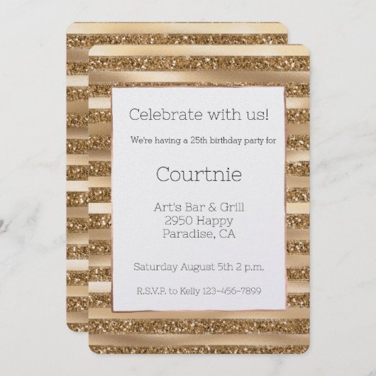 金ゴールドグラムグリッターストライプ誕生日 招待状 (正面/裏面)