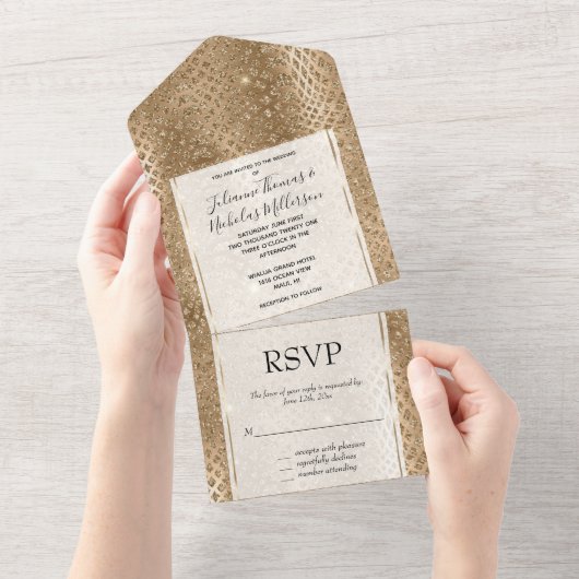 金ゴールドグラムグリッタースネークスキン オールインワン招待状 (貼ってはがせる)