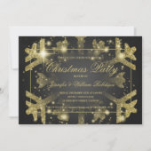 金ゴールドグラムグリッタースノーフレーククリスマスホリデーブラック 招待状 (正面)