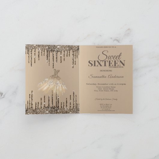 金ゴールドグラムグリッタースパークスウィート16バースデーパーティー 招待状 (内部)