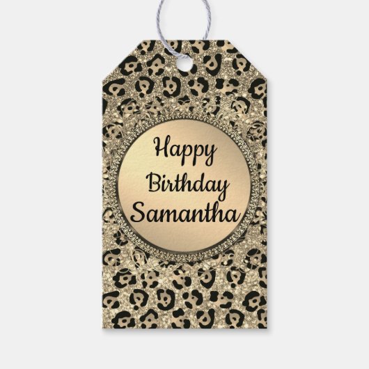 金ゴールドグラムグリッターヒョウ印刷 ギフトタグ (正面)