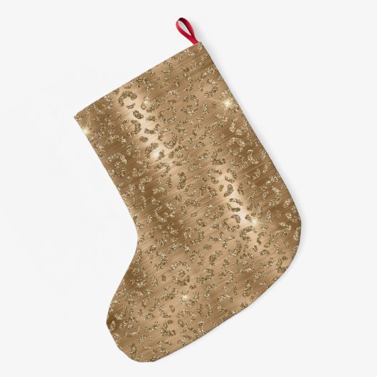 金ゴールドグラムグリッターヒョウ印刷 ラージクリスマスストッキング (裏面 (吊り時))