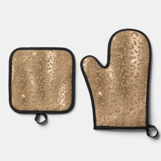 金ゴールドグラムグリッターヒョウ印刷 鍋つかみ&鍋敷きセット (正面)