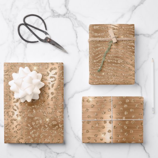 金ゴールドグラムグリッターレオパードアニマルプリント ラッピングペーパーシート (正面)