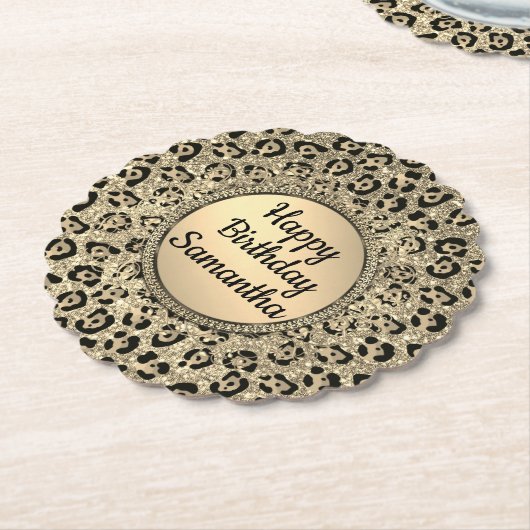 金ゴールドグラムグリッターレオパードプリント紙コースター ペーパーコースター (アングル)