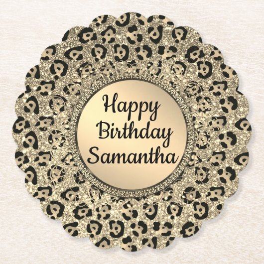 金ゴールドグラムグリッターレオパードプリント紙コースター ペーパーコースター (正面)