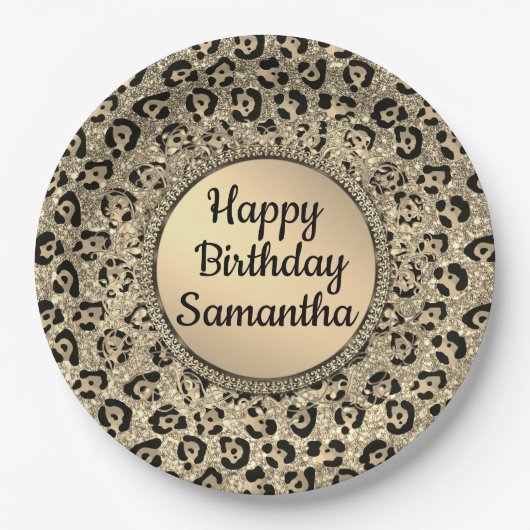 金ゴールドグラムグリッターレオパードプリント紙プレート ペーパープレート (正面)