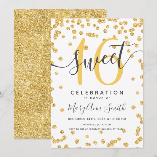 金ゴールドグラムグリッター紙吹雪16誕生日 招待状 (正面/裏面)