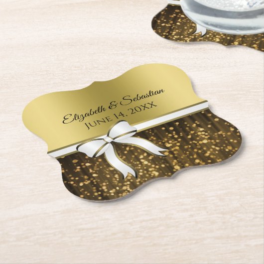 金ゴールドグラムスパークル&ホワイトリボンエレガントな結婚式 ペーパーコースター (アングル)
