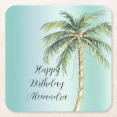金ゴールドグラムトロピカルパームツリー誕生日 スクエアペーパーコースター (正面)