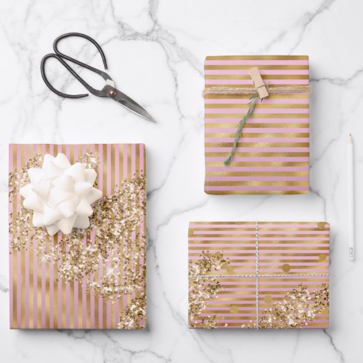 金ゴールドグラムピンクストライプグリッター紙吹雪 ラッピングペーパーシート (正面)