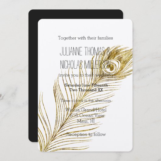 金ゴールドグラムピーコックフェザー結婚ズ 招待状 (正面/裏面)