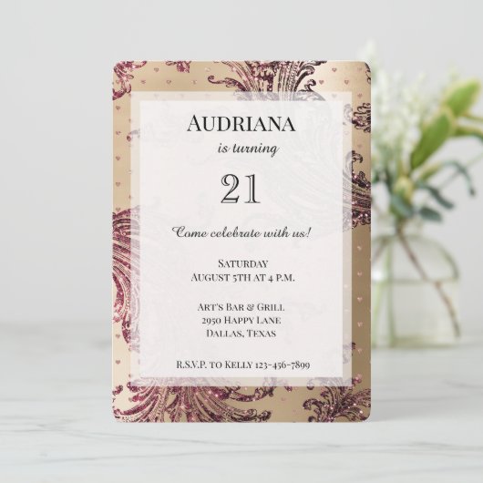 金ゴールドグラムブルゴーニュハート誕生日 招待状 (スタンド正面)