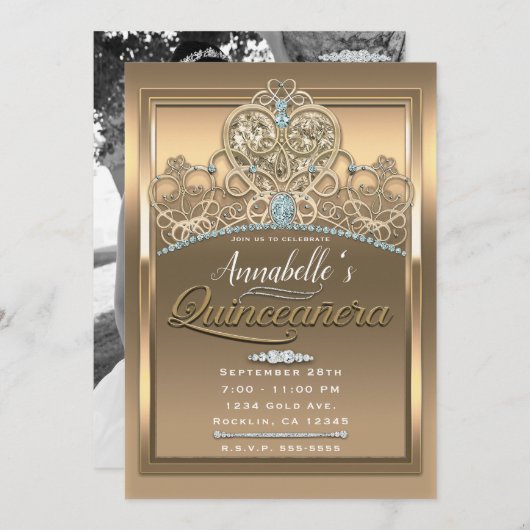 金ゴールドグラムプリンセスハートティアラキンセアニラ写真 招待状 (正面/裏面)