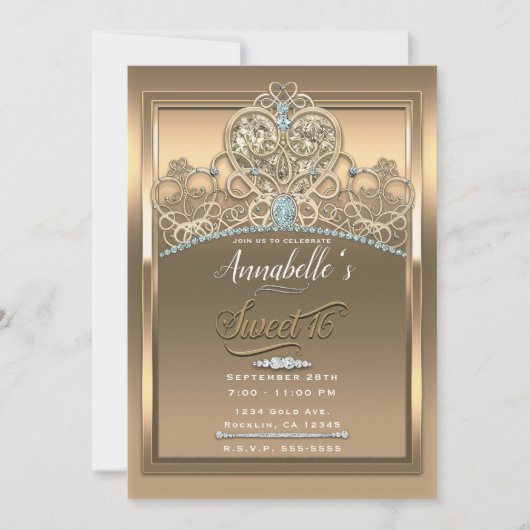 金ゴールドグラムプリンセスハートティアラスウィート16パーティー 招待状 (正面)