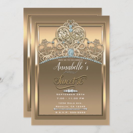 金ゴールドグラムプリンセスハートティアラスウィート16パーティー 招待状 (正面/裏面)