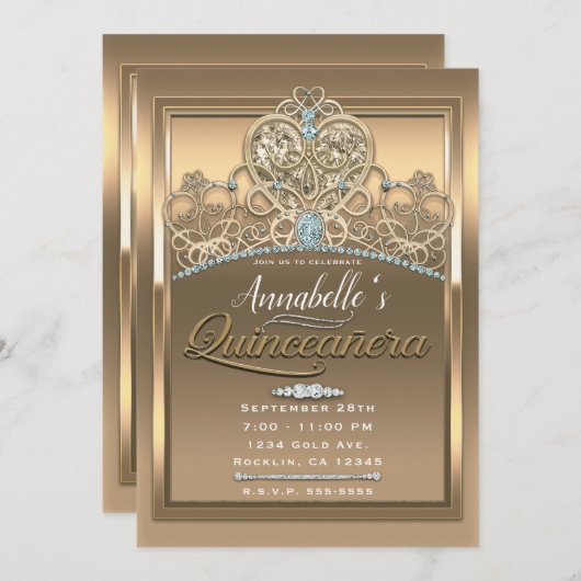 金ゴールドグラムプリンセスハートティアラバースデーパーティー 招待状 (正面/裏面)