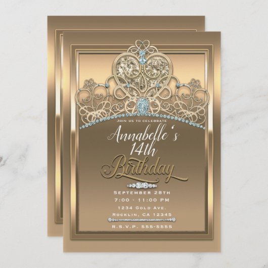 金ゴールドグラムプリンセスハートティアラバースデーパーティー 招待状 (正面/裏面)