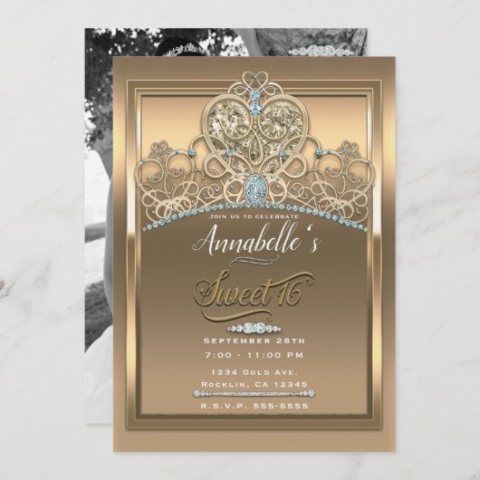 金ゴールドグラムプリンセスハートティアラSweet 16写真 招待状 (正面/裏面)