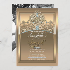 金ゴールドグラムプリンセスハートティアラSweet 16写真 招待状