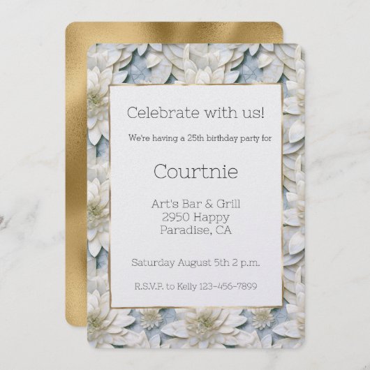 金ゴールドグラムホワイトロータスフラワーズ誕生日 招待状 (正面/裏面)