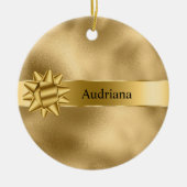 金ゴールドグラムリボンと弓クリスマス セラミックオーナメント (正面)