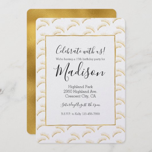 金ゴールドグラム睫毛誕生日 招待状 (正面/裏面)
