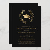 金ゴールドグラードキャップリースシックブラック卒業パーティー 招待状 (正面/裏面)