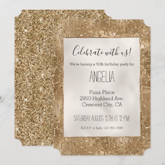 金ゴールドグリジーグリッターキリンプリント 招待状 (正面/裏面)