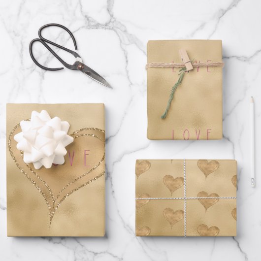 金ゴールドグリジーグリッターラブハート ラッピングペーパーシート (正面)