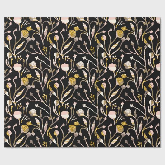 金ゴールドグリッエレガントトブラックピンクフローラ植物学 ラッピングペーパー (フラット)