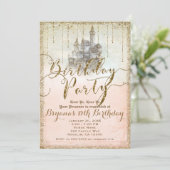 金ゴールドグリッターおとぎ話ストーリーブックキャッスル誕生日 招待状 (スタンド正面)