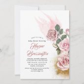 金ゴールドグリッターおよびほこりっぽいバラフローラベビーシャワー 招待状 (正面)