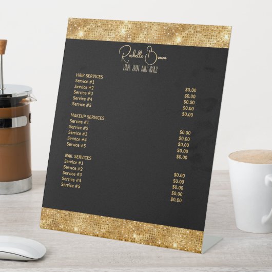 金ゴールドグリッターおよびブラック美しいサロン価格表 台座サイン (インサイチュ)