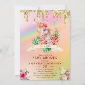 金ゴールドグリッターが少女の一角獣のベビーシャワーを落とす 招待状 (正面)