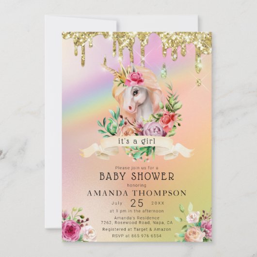 金ゴールドグリッターが少女の一角獣のベビーシャワーを落とす 招待状 (正面)