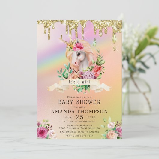 金ゴールドグリッターが少女の一角獣のベビーシャワーを落とす 招待状 (スタンド正面)