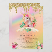 金ゴールドグリッターが少女の一角獣のベビーシャワーを落とす 招待状 (正面/裏面)