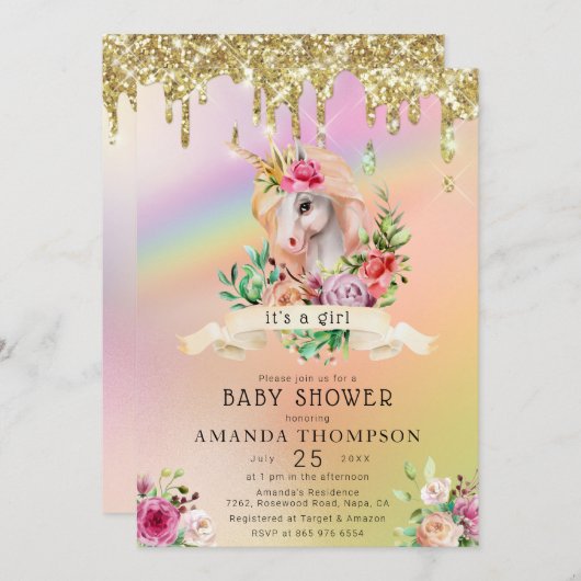 金ゴールドグリッターが少女の一角獣のベビーシャワーを落とす 招待状 (正面/裏面)