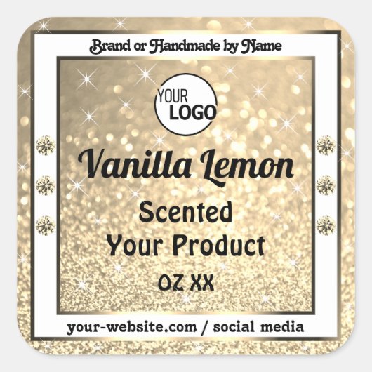 金ゴールドグリッターきらめく宝石の製品ラベルのロゴ スクエアシール (正面)