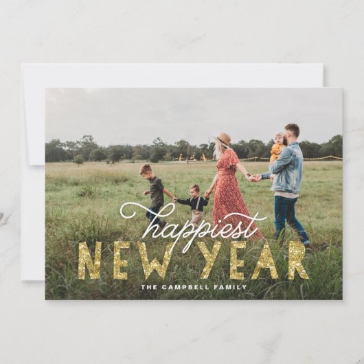 金ゴールドグリッターで一番幸せな新年の写真 シーズンカード (正面)