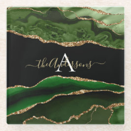 金ゴールドグリッターとグリーンアゲートモノグラム ガラスコースター