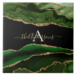 金ゴールドグリッターとグリーンアゲートモノグラム タイル